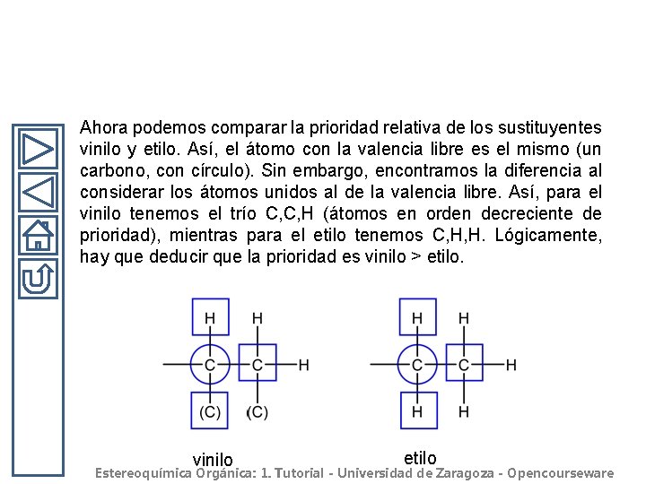 Ahora podemos comparar la prioridad relativa de los sustituyentes vinilo y etilo. Así, el