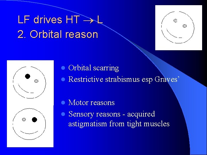 LF drives HT L 2. Orbital reason Orbital scarring l Restrictive strabismus esp Graves’