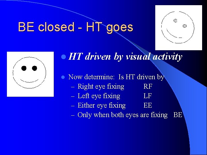 BE closed - HT goes l HT l driven by visual activity Now determine: