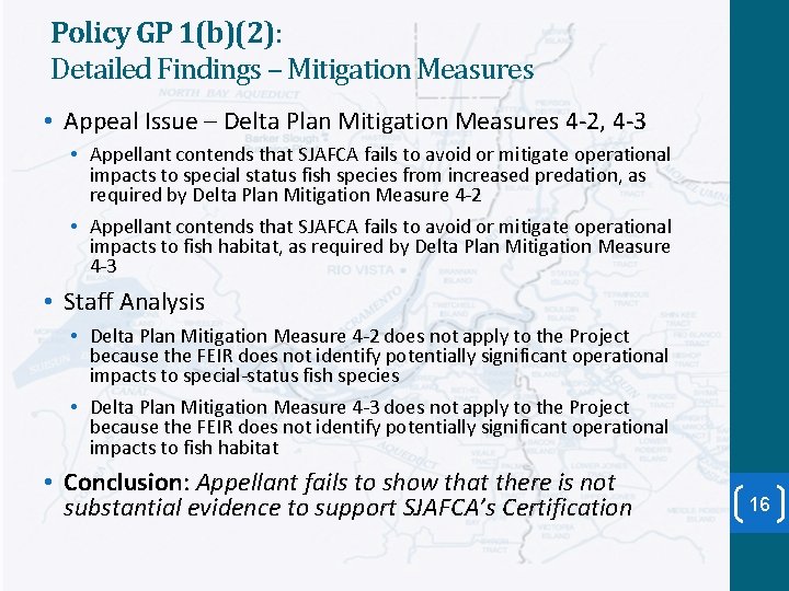 Policy GP 1(b)(2): Detailed Findings – Mitigation Measures • Appeal Issue – Delta Plan