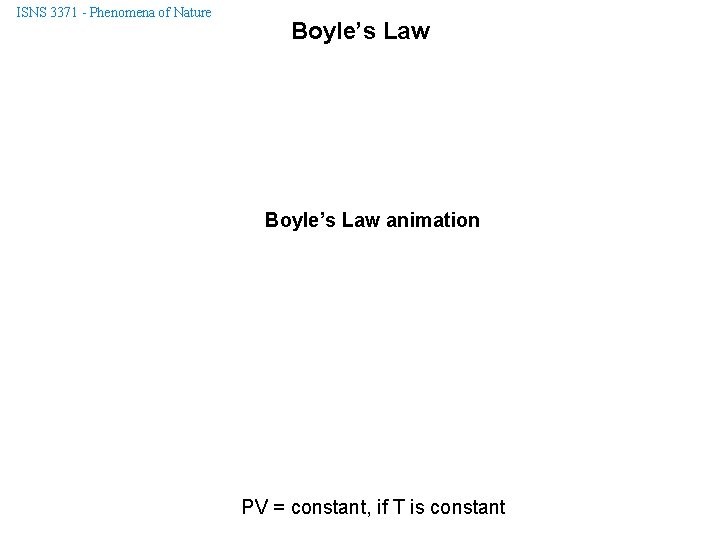 ISNS 3371 - Phenomena of Nature Boyle’s Law animation PV = constant, if T