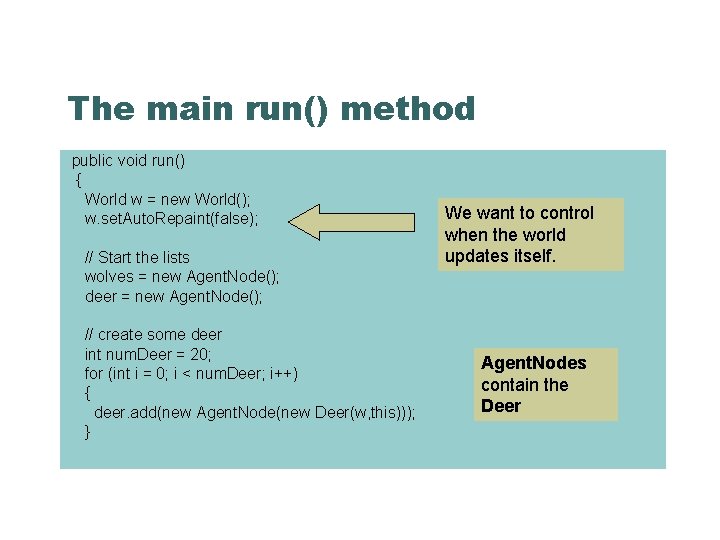 The main run() method public void run() { World w = new World(); w.