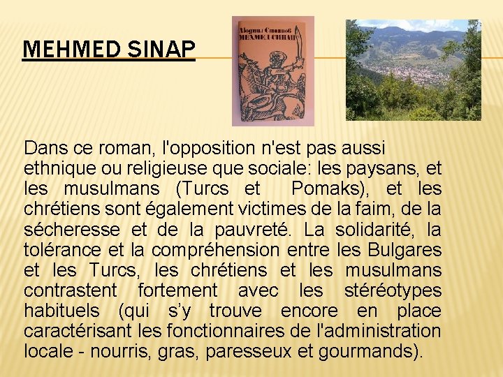 MEHMED SINAP Dans ce roman, l'opposition n'est pas aussi ethnique ou religieuse que sociale: