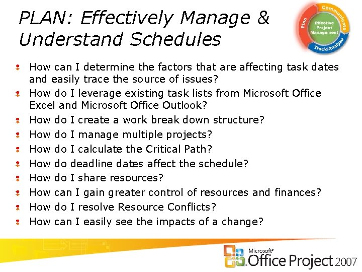 PLAN: Effectively Manage & Understand Schedules How can I determine the factors that are