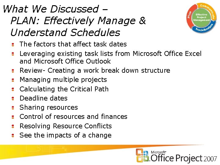 What We Discussed – PLAN: Effectively Manage & Understand Schedules The factors that affect