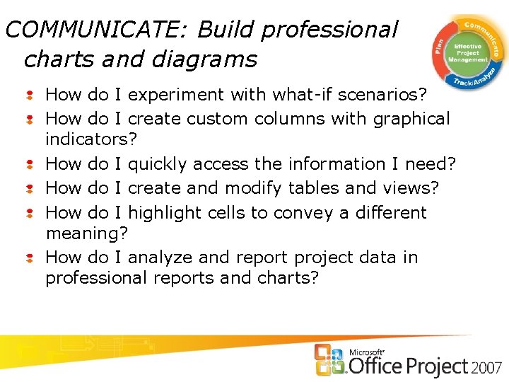 COMMUNICATE: Build professional charts and diagrams How do I experiment with what-if scenarios? How