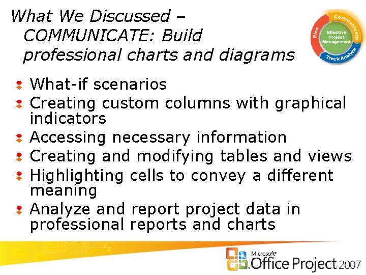 What We Discussed – COMMUNICATE: Build professional charts and diagrams What-if scenarios Creating custom