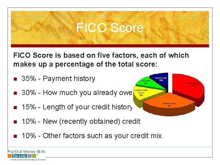 FICO Score is based on five factors, each of which makes up a percentage