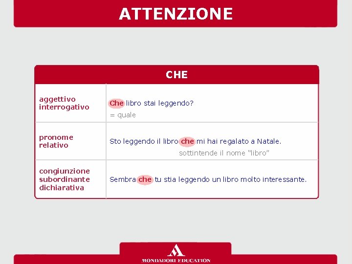 ATTENZIONE CHE aggettivo interrogativo Che libro stai leggendo? pronome relativo Sto leggendo il libro