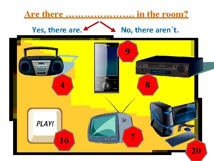 Are there …………………. in the room? Yes, there are. No, there aren´t. 9 4