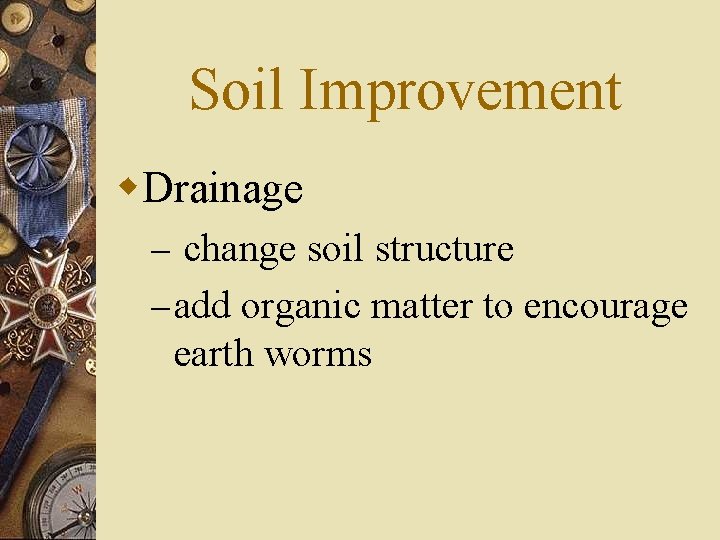 Soil Improvement w. Drainage – change soil structure – add organic matter to encourage