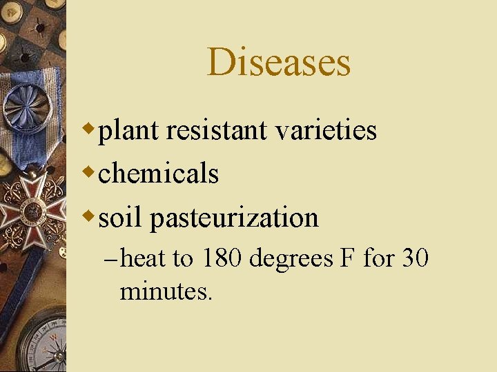 Diseases wplant resistant varieties wchemicals wsoil pasteurization – heat to 180 degrees F for