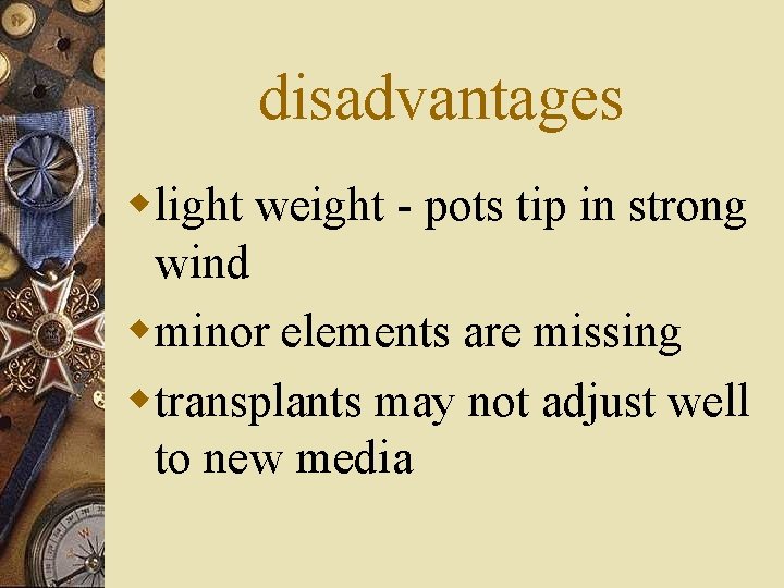 disadvantages wlight weight - pots tip in strong wind wminor elements are missing wtransplants