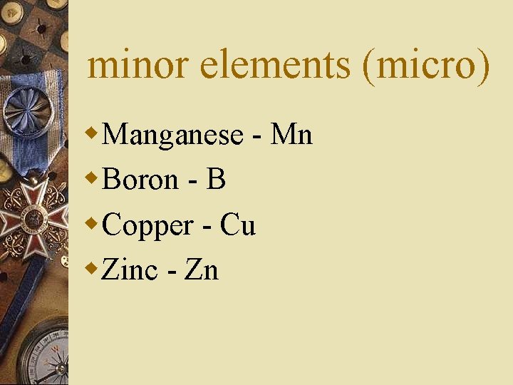 minor elements (micro) w. Manganese - Mn w. Boron - B w. Copper -