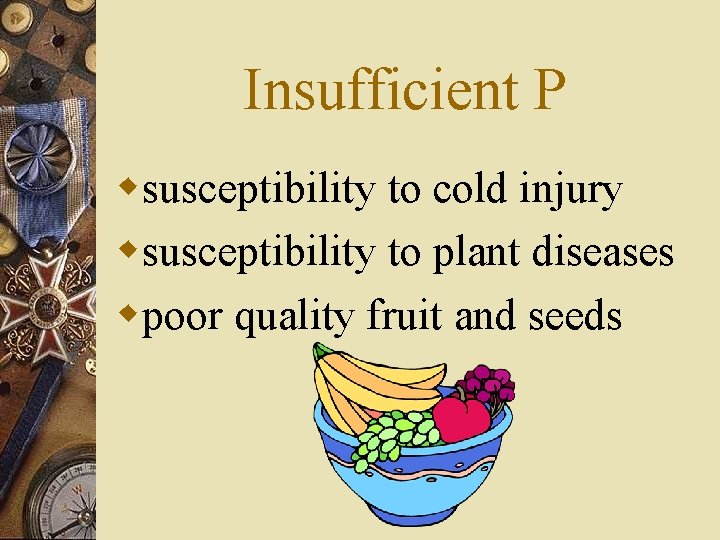 Insufficient P wsusceptibility to cold injury wsusceptibility to plant diseases wpoor quality fruit and