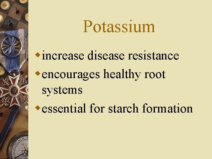 Potassium wincrease disease resistance wencourages healthy root systems wessential for starch formation 