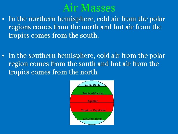 Air Masses • In the northern hemisphere, cold air from the polar regions comes