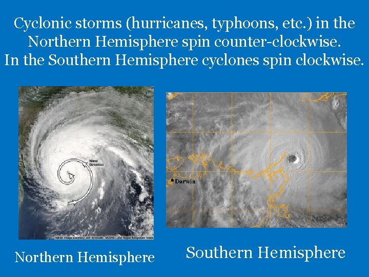 Cyclonic storms (hurricanes, typhoons, etc. ) in the Northern Hemisphere spin counter-clockwise. In the