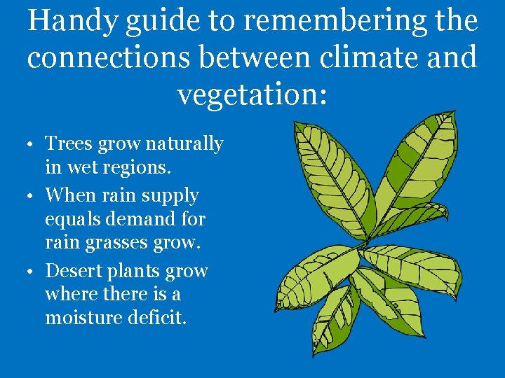Handy guide to remembering the connections between climate and vegetation: • Trees grow naturally