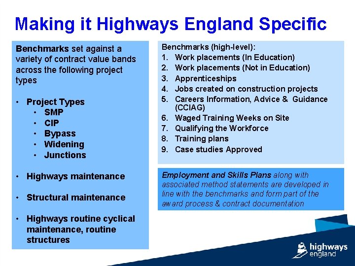 Making it Highways England Specific Benchmarks set against a variety of contract value bands