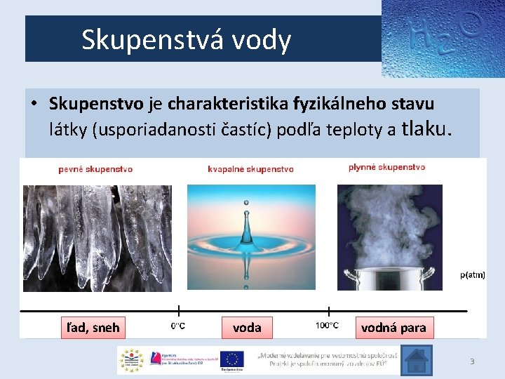 Skupenstvá vody • Skupenstvo je charakteristika fyzikálneho stavu látky (usporiadanosti častíc) podľa teploty a