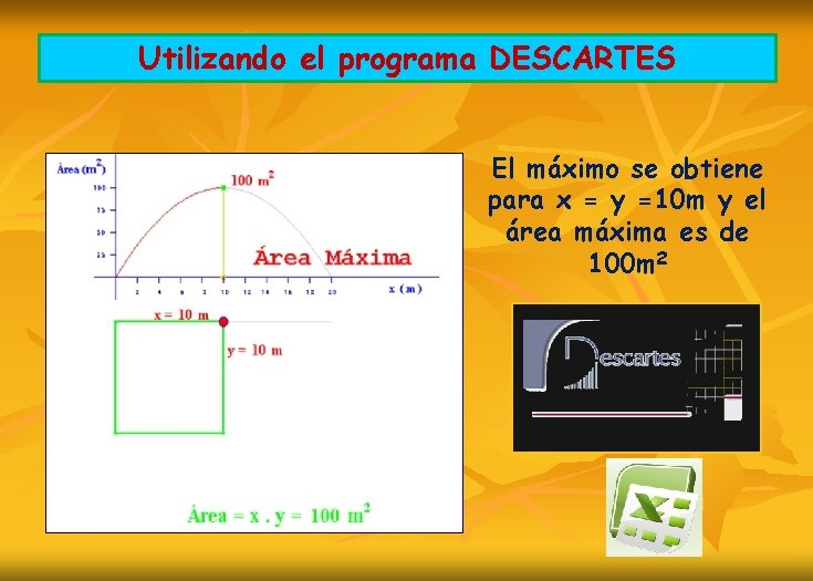 Utilizando el programa DESCARTES El máximo se obtiene para x = y =10 m
