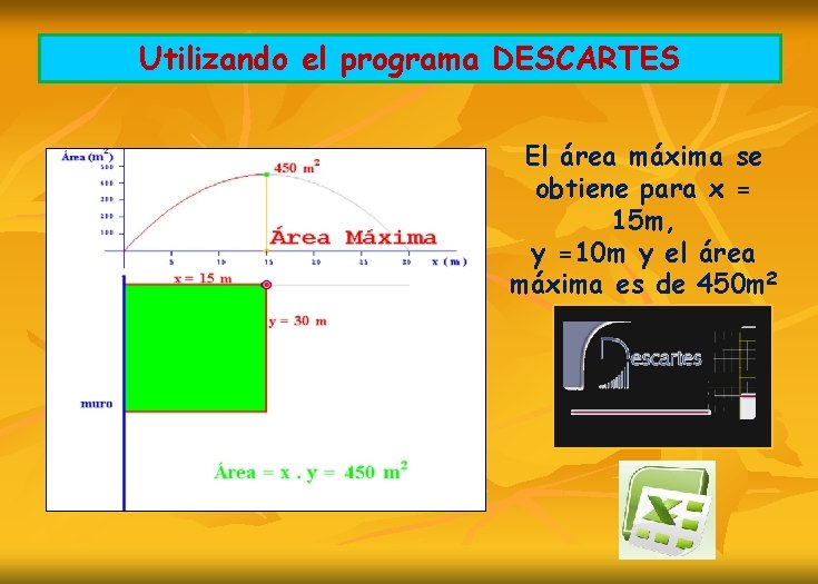 Utilizando el programa DESCARTES El área máxima se obtiene para x = 15 m,