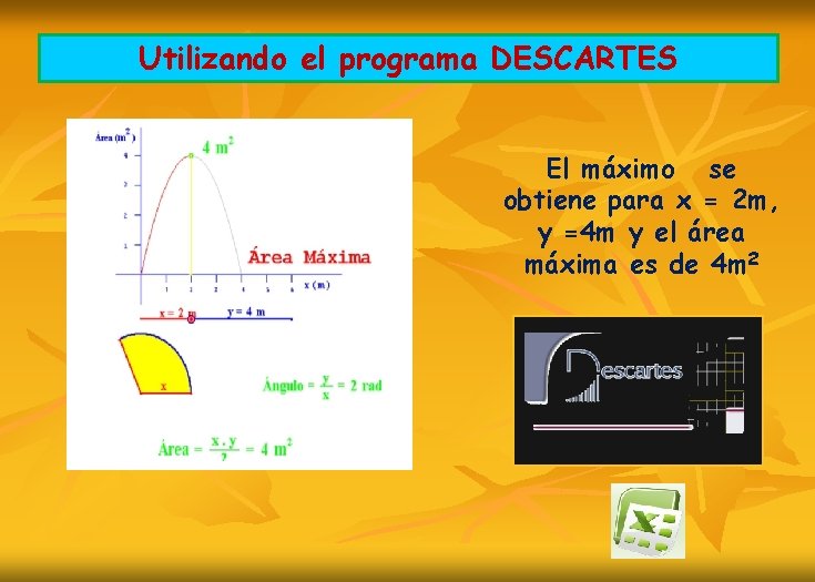 Utilizando el programa DESCARTES El máximo se obtiene para x = 2 m, y