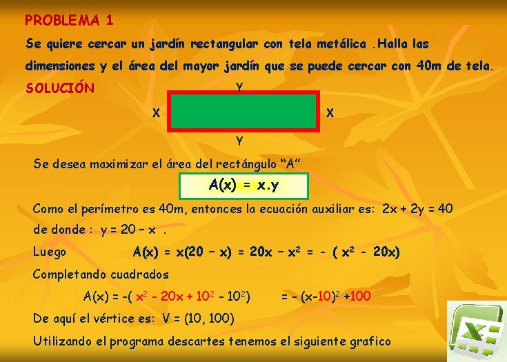 PROBLEMA 1 Se quiere cercar un jardín rectangular con tela metálica. Halla las dimensiones