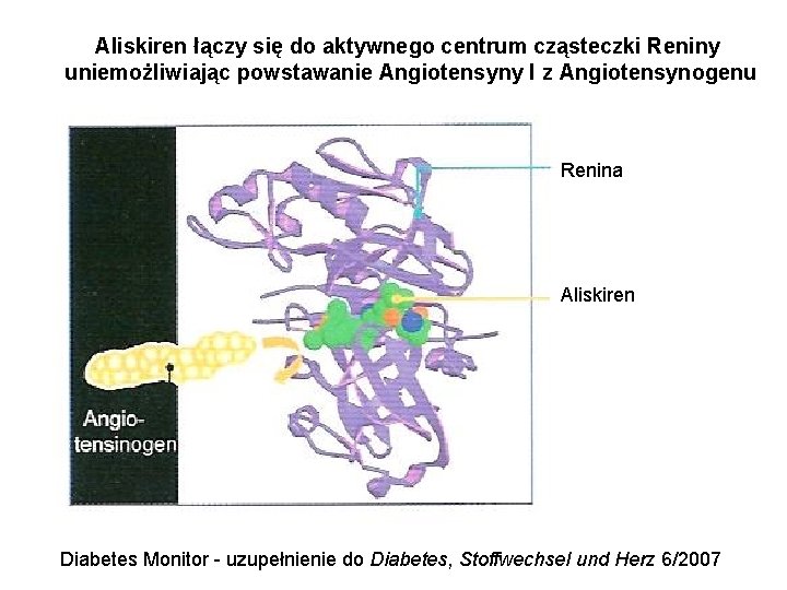 Aliskiren łączy się do aktywnego centrum cząsteczki Reniny uniemożliwiając powstawanie Angiotensyny I z Angiotensynogenu