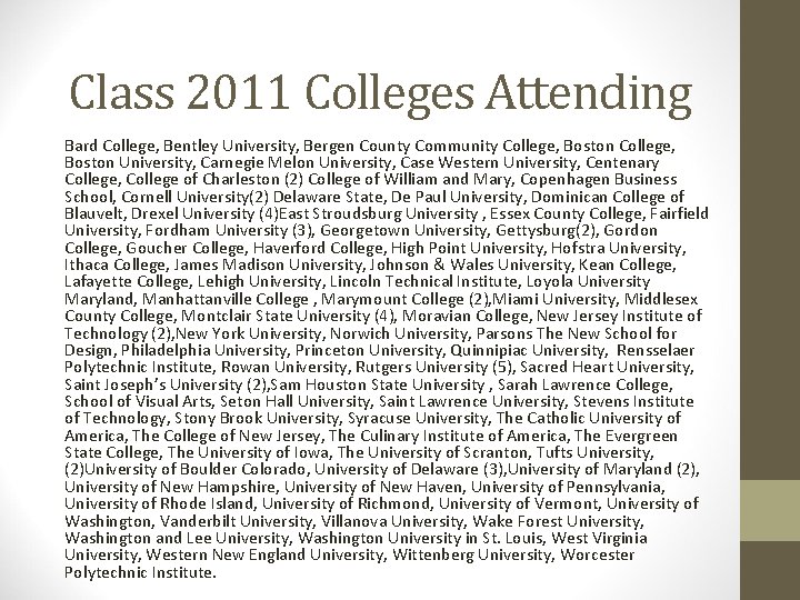Class 2011 Colleges Attending Bard College, Bentley University, Bergen County Community College, Boston University,
