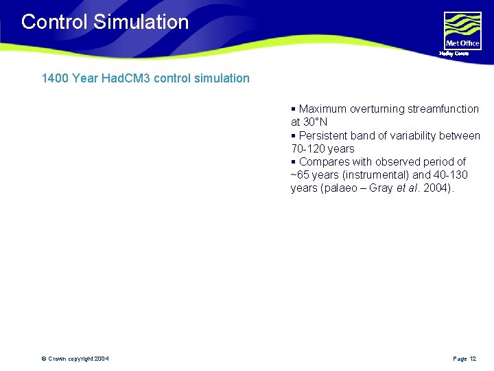 Control Simulation Hadley Centre 1400 Year Had. CM 3 control simulation § Maximum overturning