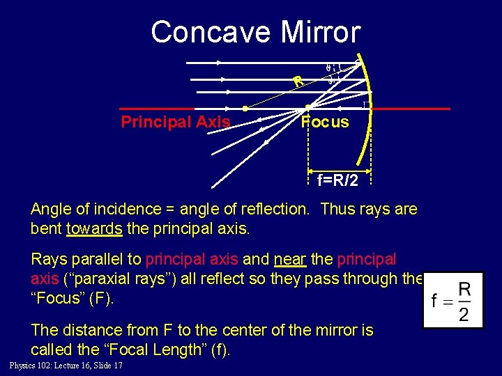 Concave Mirror R Principal Axis Focus f=R/2 Angle of incidence = angle of reflection.