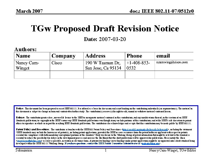 March 2007 doc. : IEEE 802. 11 -07/0512 r 0 TGw Proposed Draft Revision