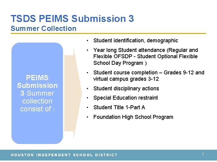 TSDS PEIMS Submission 3 Summer Collection • Student identification, demographic • Year long Student