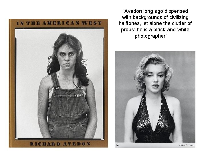 “Avedon long ago dispensed with backgrounds of civilizing halftones, let alone the clutter of