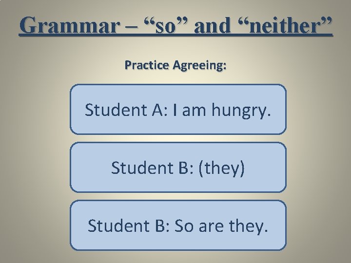 Grammar – “so” and “neither” Practice Agreeing: Student A: I am hungry. Student B: