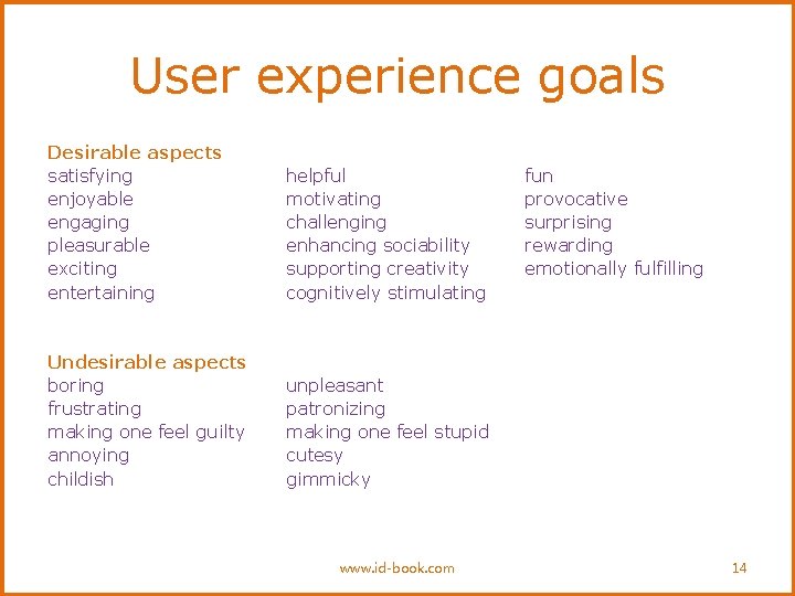 User experience goals Desirable aspects satisfying enjoyable engaging pleasurable exciting entertaining helpful motivating challenging