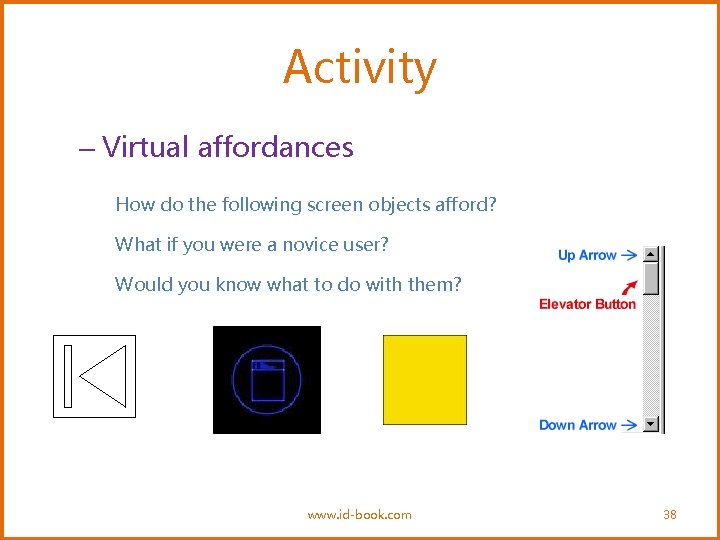 Activity – Virtual affordances How do the following screen objects afford? What if you