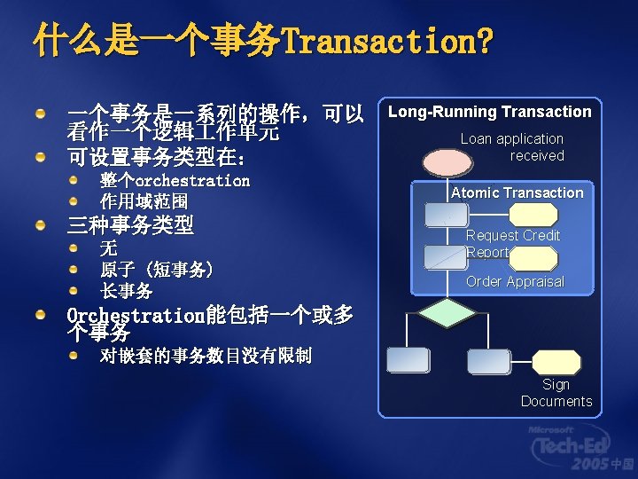 什么是一个事务Transaction? 一个事务是一系列的操作，可以 看作一个逻辑 作单元 可设置事务类型在： 整个orchestration 作用域范围 三种事务类型 无 原子 (短事务) 长事务 Long-Running Transaction
