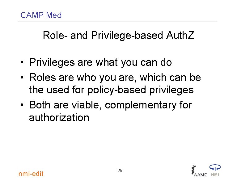 CAMP Med Role- and Privilege-based Auth. Z • Privileges are what you can do