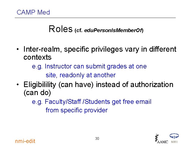 CAMP Med Roles (cf. edu. Person. Is. Member. Of) • Inter-realm, specific privileges vary