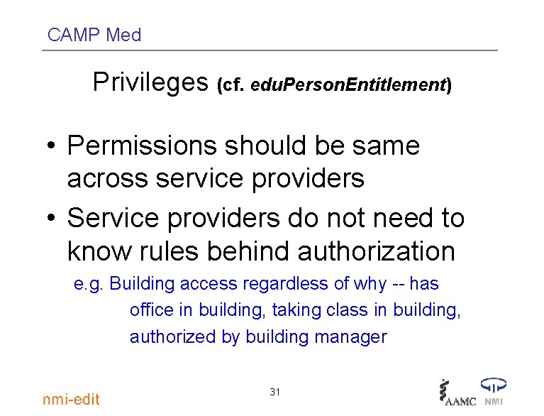 CAMP Med Privileges (cf. edu. Person. Entitlement) • Permissions should be same across service