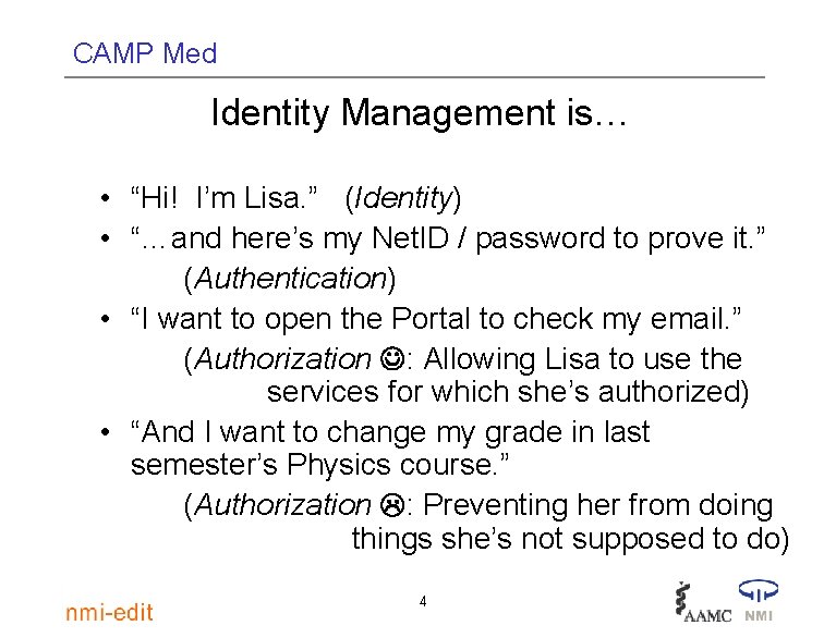 CAMP Med Identity Management is… • “Hi! I’m Lisa. ” (Identity) • “…and here’s