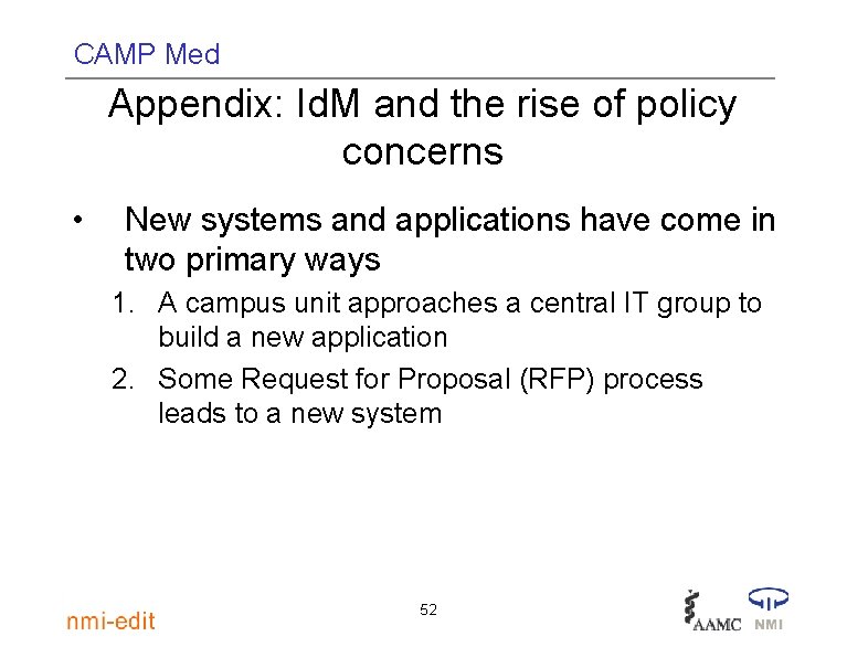 CAMP Med Appendix: Id. M and the rise of policy concerns • New systems