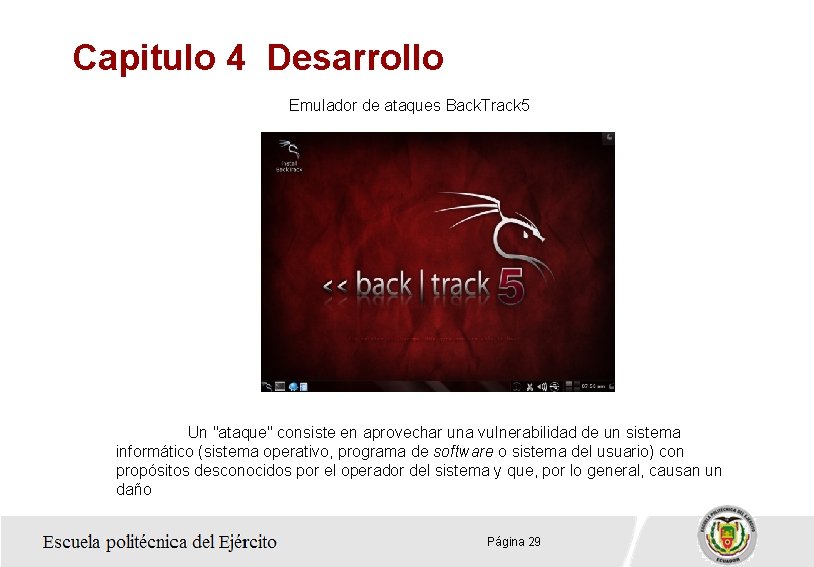 Capitulo 4 Desarrollo Emulador de ataques Back. Track 5 Un "ataque" consiste en aprovechar