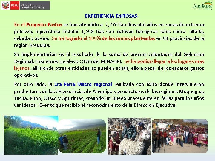EXPERIENCIA EXITOSAS En el Proyecto Pastos se han atendido a 2, 070 familias ubicados