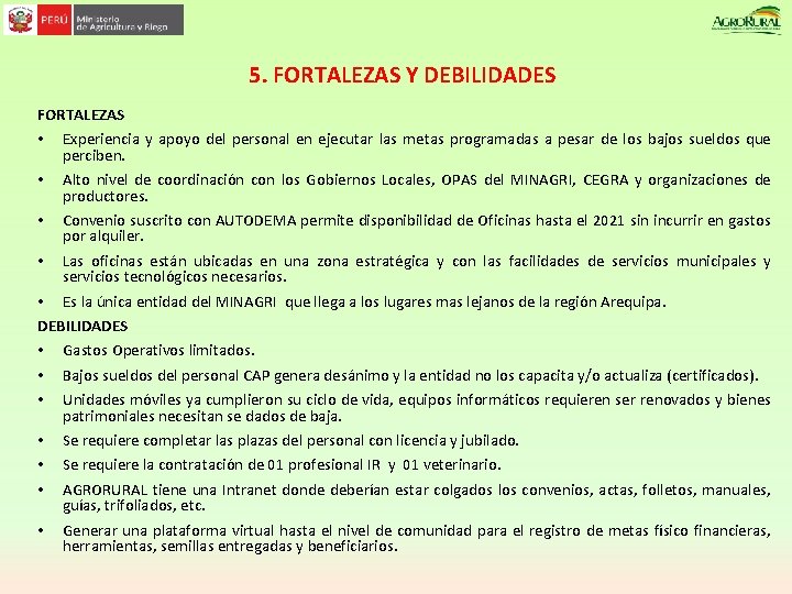 5. FORTALEZAS Y DEBILIDADES FORTALEZAS • Experiencia y apoyo del personal en ejecutar las