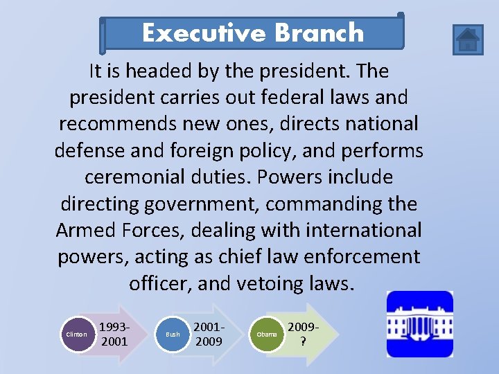 Executive Branch It is headed by the president. The president carries out federal laws