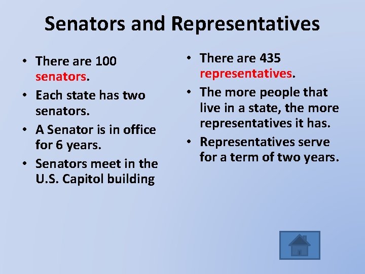 Senators and Representatives • There are 100 senators. • Each state has two senators.